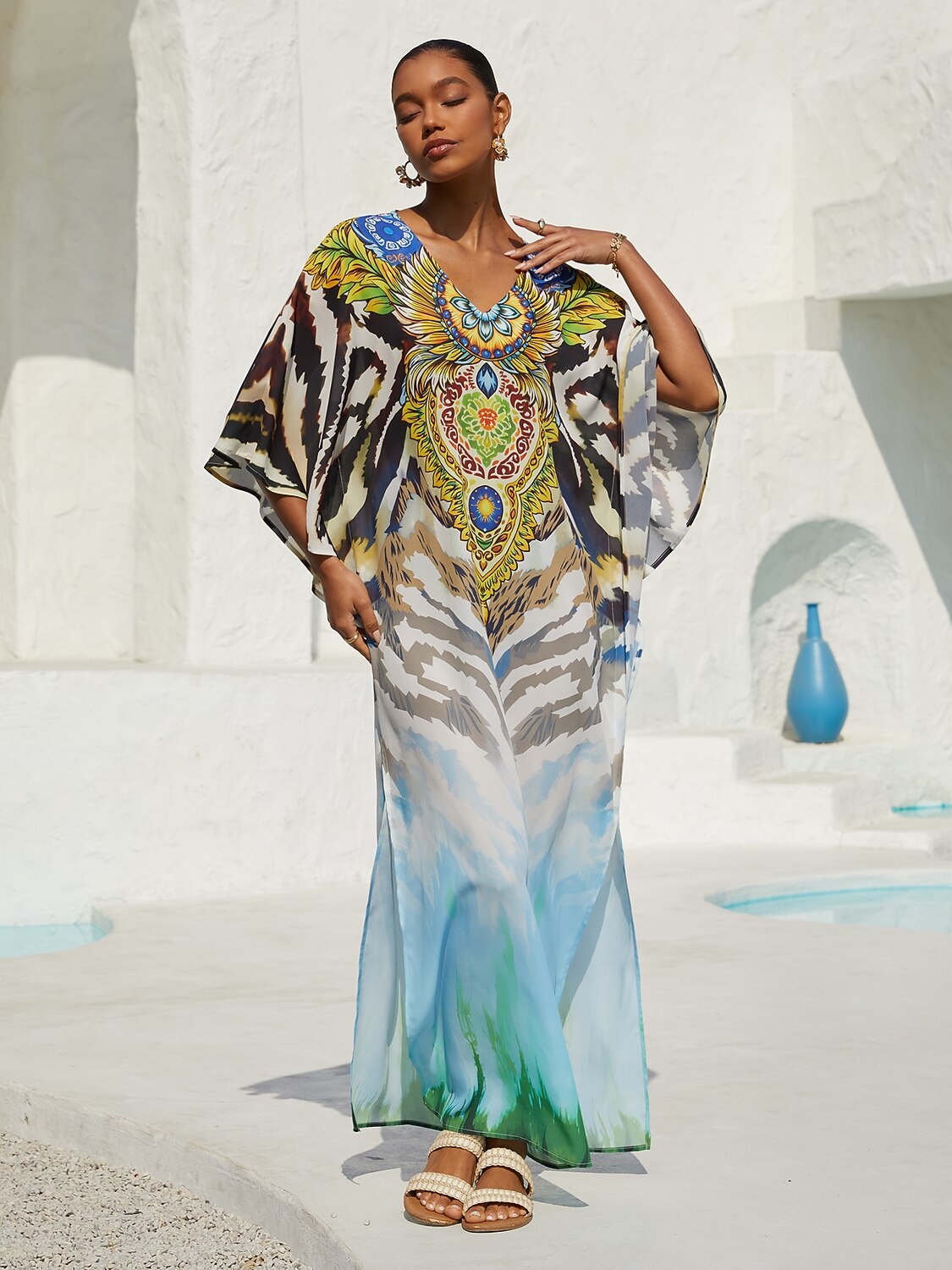 Mallorca Blossom Flowy Chiffon Dolman Sleeve Maxi Dress