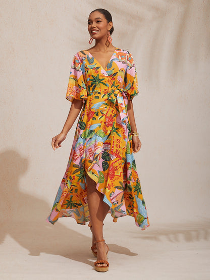 Vacation Beach Print Crisscross Tie Straps Satin Maxi Dress