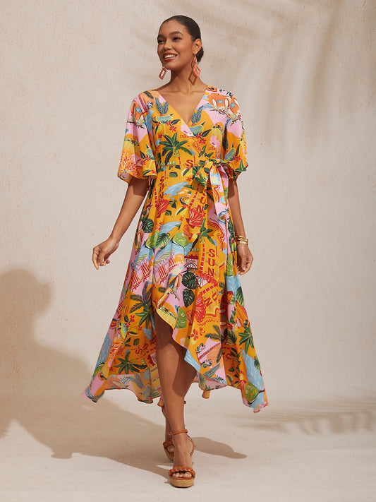 Vacation Beach Print Crisscross Tie Straps Satin Maxi Dress