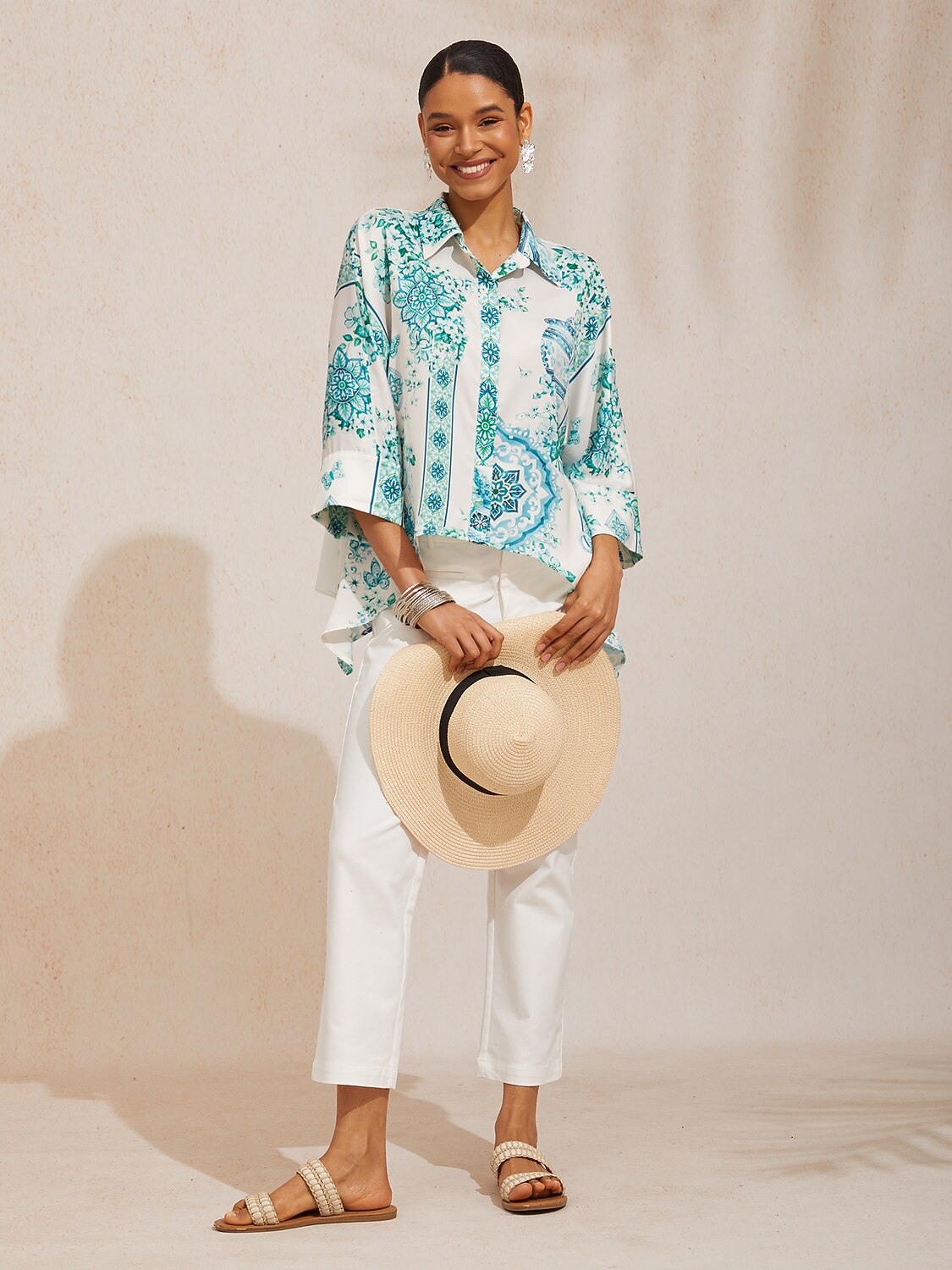 Vacation Scenic Floral Print Dolman Sleeve Chiffon Short Shirt