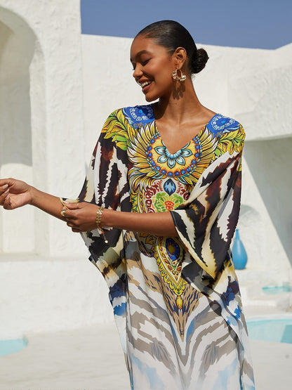 Mallorca Blossom Flowy Chiffon Dolman Sleeve Maxi Dress