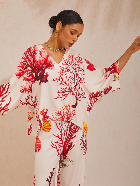 Coral Riviera Silky Satin Batwing Sleeve Top