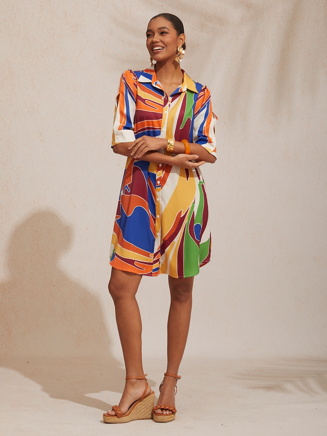 Vacation Geometric Color Block Pattern Straight Satin Shirt Dress