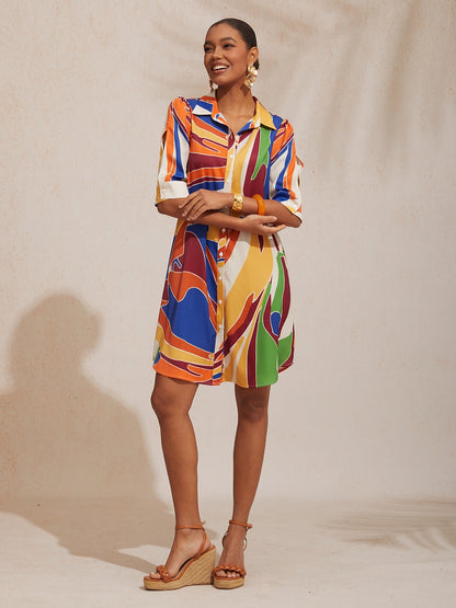 Vacation Geometric Color Block Pattern Straight Satin Shirt Dress
