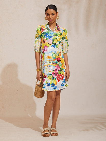 Vacation Scenic Floral Print Straight Satin Shirt Dress