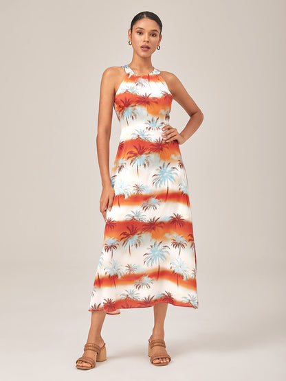 Palm Tree Sunset Print Halter Neck Maxi Dress
