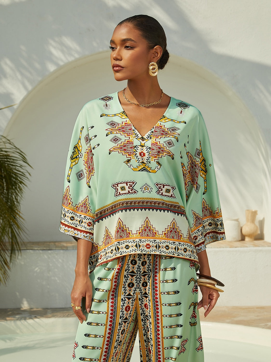 Vacation Vintage Geometric Print Satin Dolman Sleeve Short Top