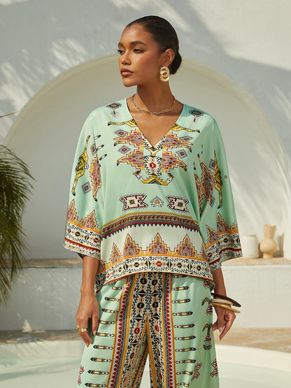 Vacation Vintage Geometric Print Satin Dolman Sleeve Short Top