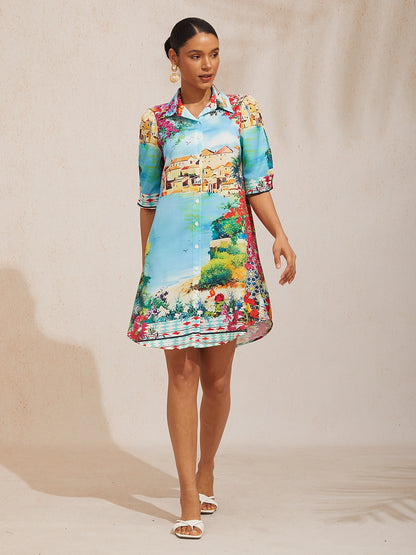 Vacation Scenic Floral Print Straight Satin Shirt Dress