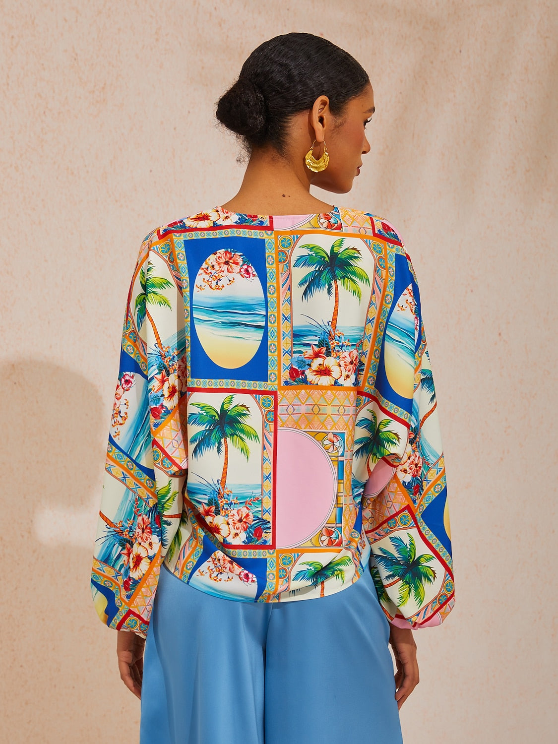 Vacation Geometric Floral Print Dolman Sleeve Satin Top