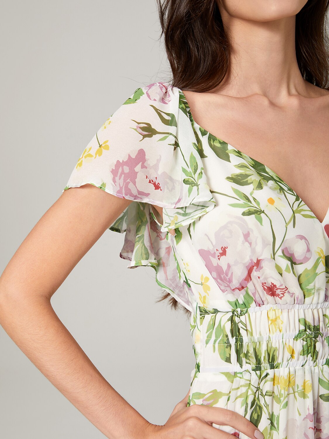 Elegant Floral Print Chiffon Flowy V-Neck Backless Maxi Dress