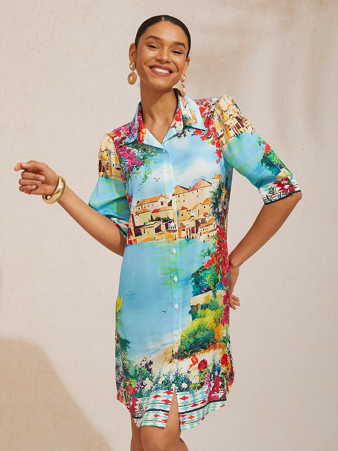 Vacation Scenic Floral Print Straight Satin Shirt Dress