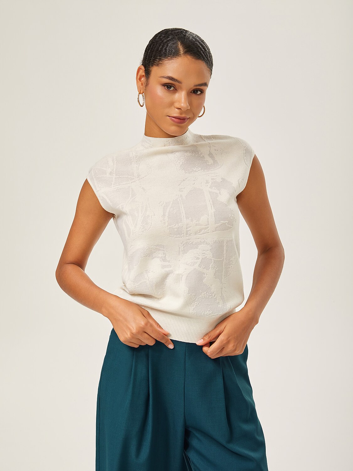 Ivory Wool Jacquard Mock Neck Knit Top