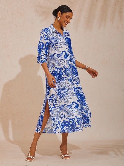 Vacation Blue Floral Straight Linen-Like Shirt Dress