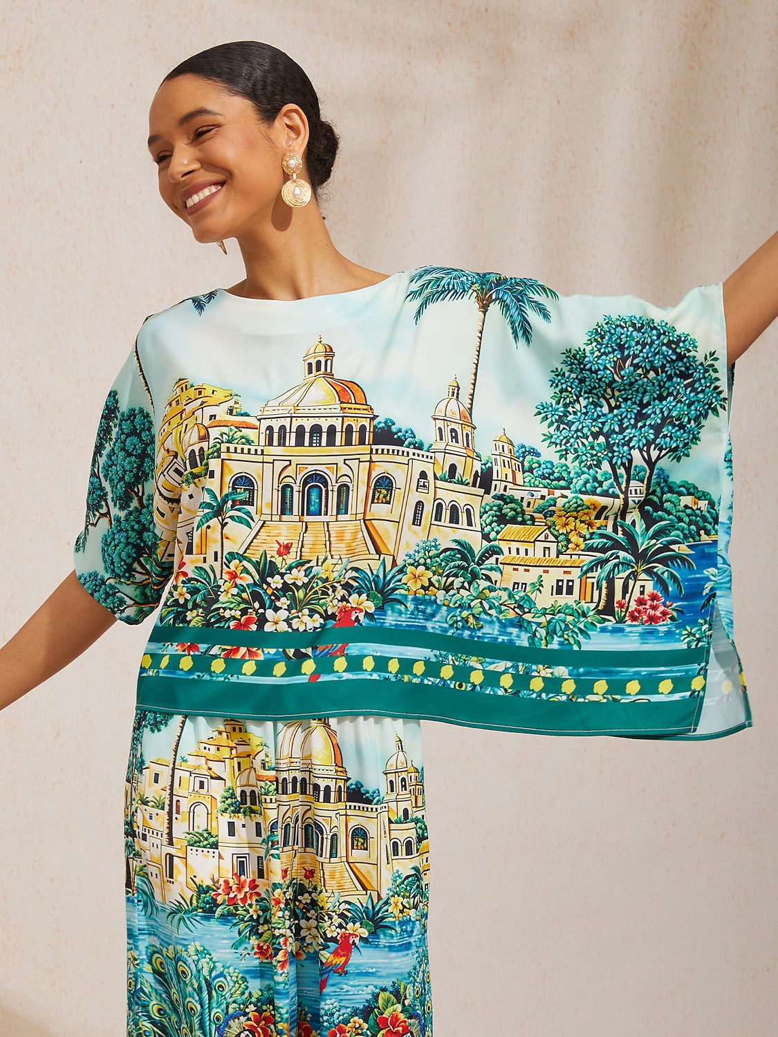 Summer Night Palm Silky Satin Dolman Sleeve Top