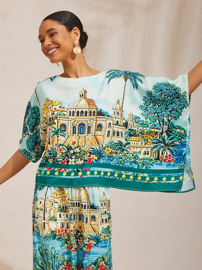 Summer Night Palm Silky Satin Dolman Sleeve Top