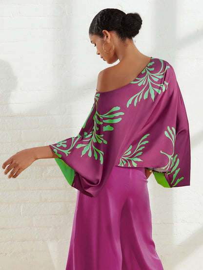 Satin Geometrical Floral Print Puff Sleeves Vacation Shirt