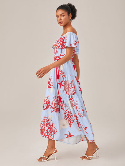 Elegant Chiffon Ocean-Inspired Print Vacation Dress