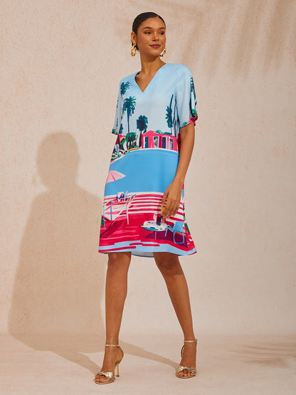 Vacation Print Satin Short Sleeves Mini Dress