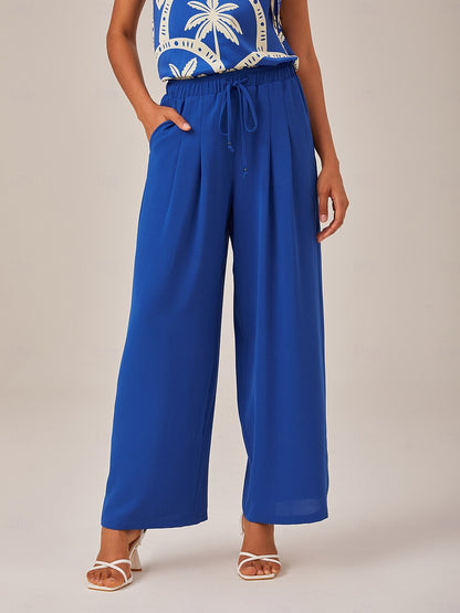 Elastic Chiffon Waist Drawstring Wide Leg Resort Pants