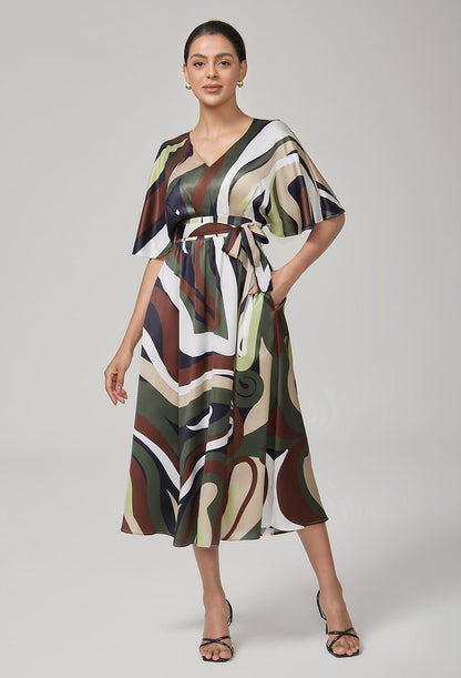 Camouflage Satin V-Neck Cinched Dress