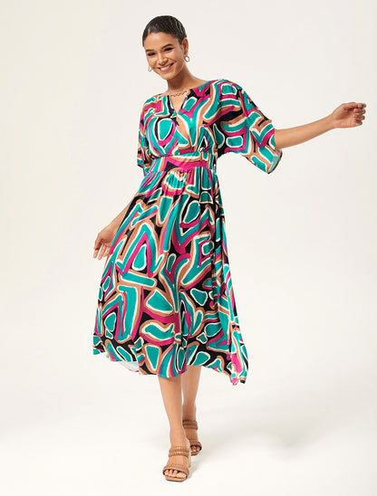Colorful Abstract Batwing Sleeve Cinched Satin Dress