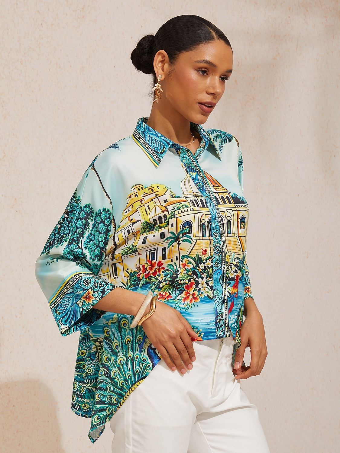 Balearic Islands Blue Silky Satin Dolman Sleeve Top