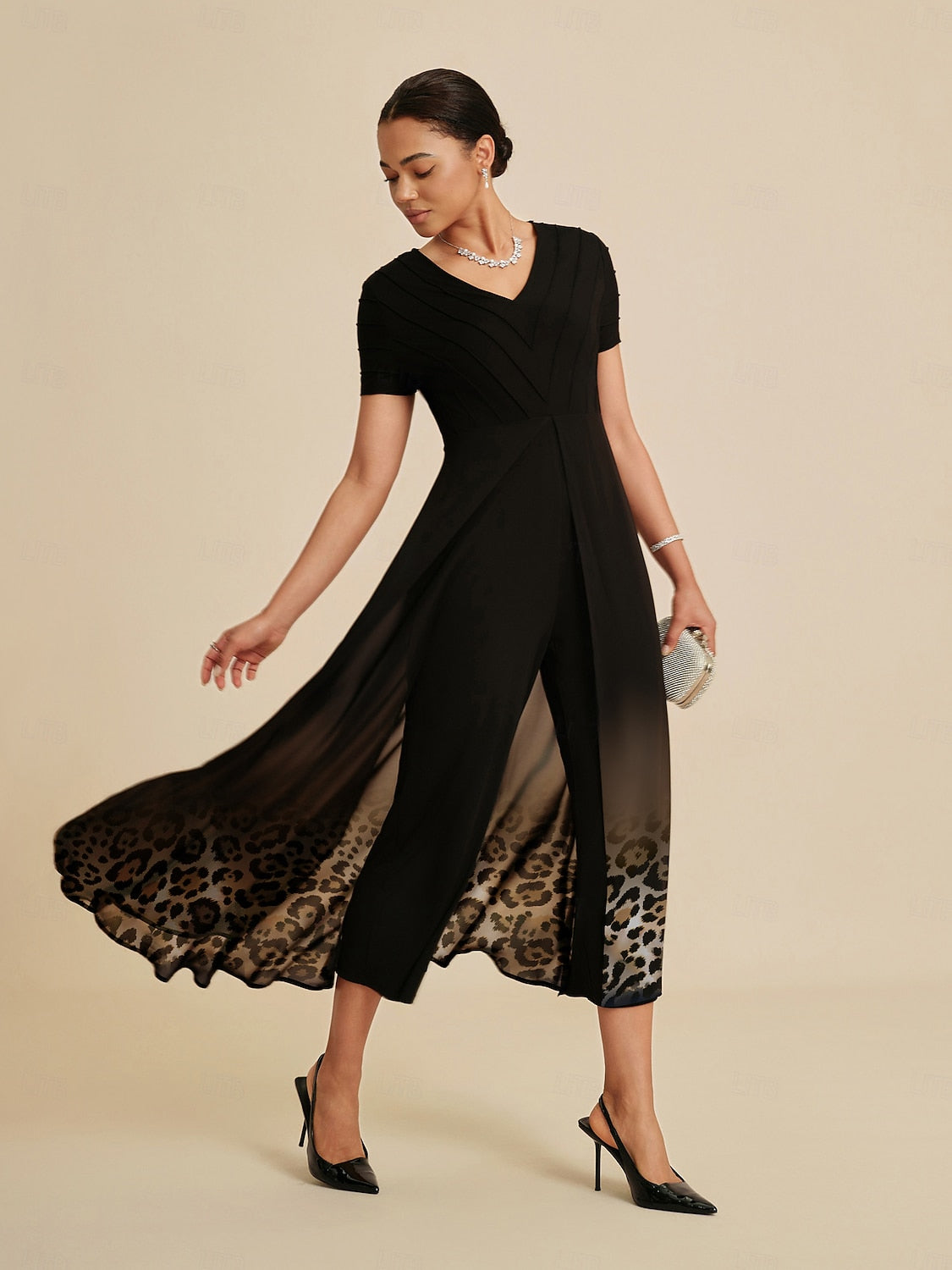 Paneled Design Faux Flowy Sheer Stretch Fabric Jumpsuit