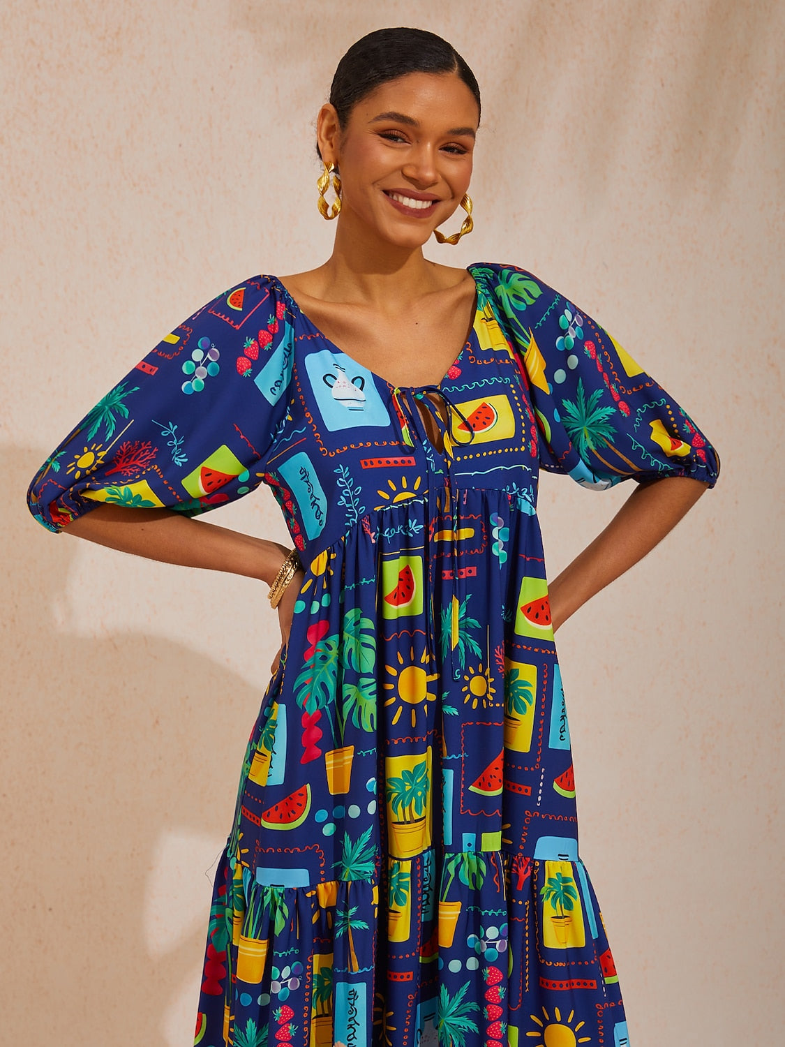 Vacation Tropical Geometric Print A Line Satin Maxi Dress