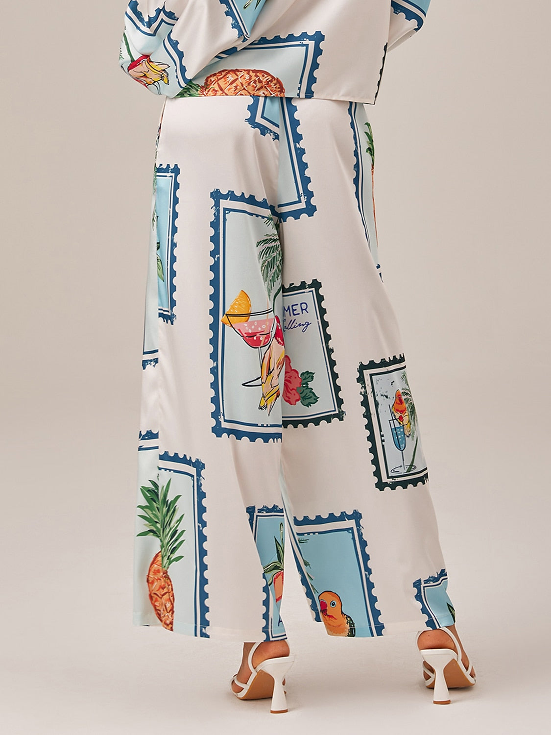 Satin Casual Seamless Pattern Print Elastic Waist Wide Leg Pants