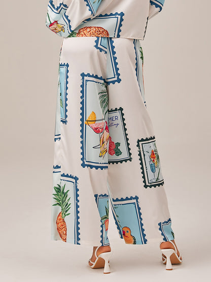 Satin Casual Seamless Pattern Print Elastic Waist Wide Leg Pants