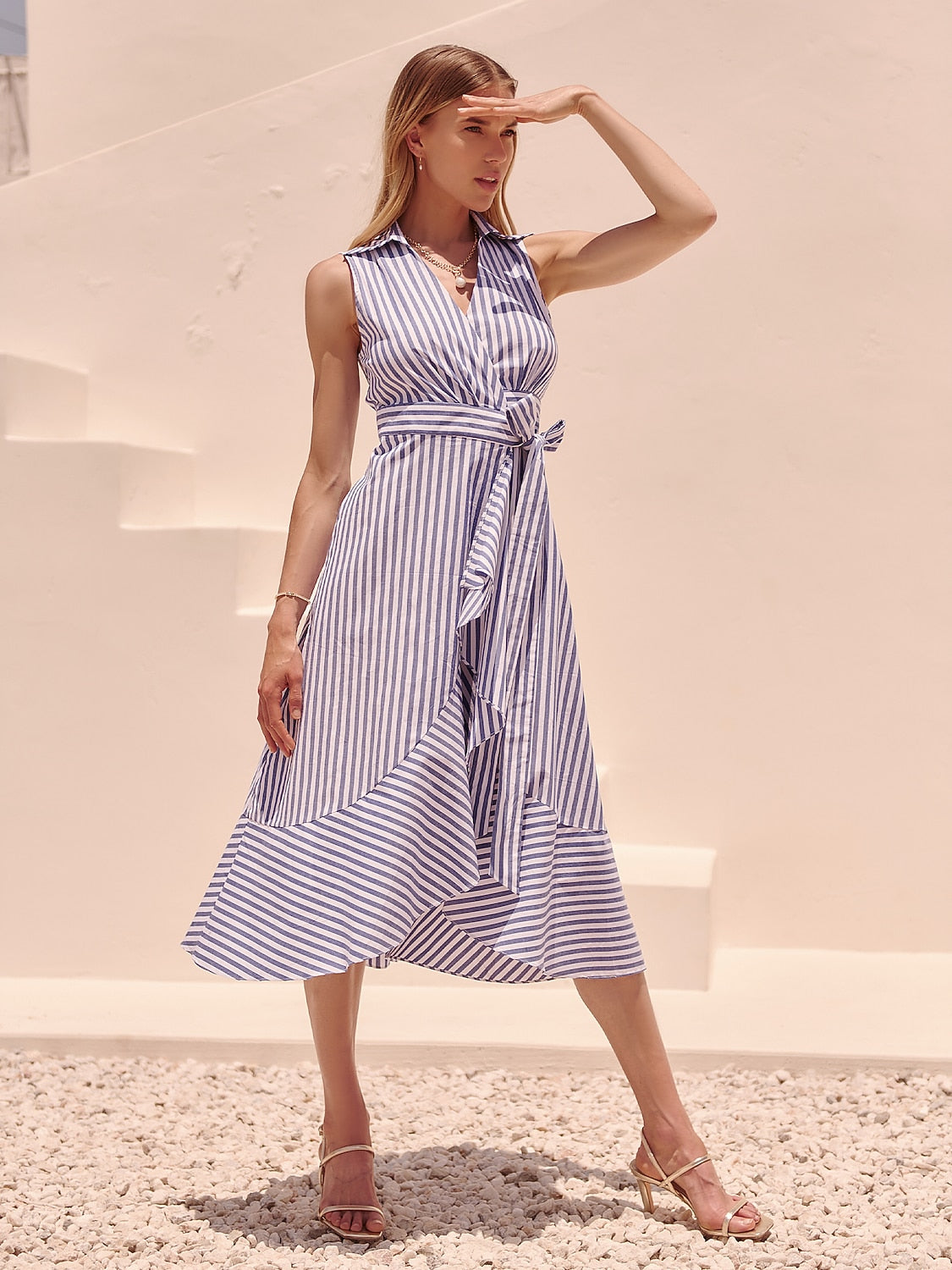 Cotton Like Stripes Print Short Sleeves Vacation Maxi Dress