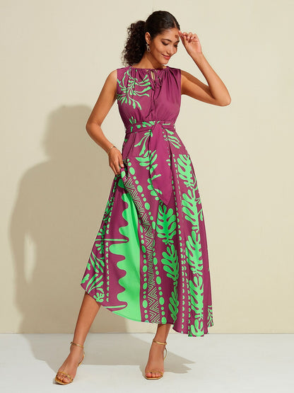 Satin Sleeveless Plants Print Vacation Belted Maxi Dress