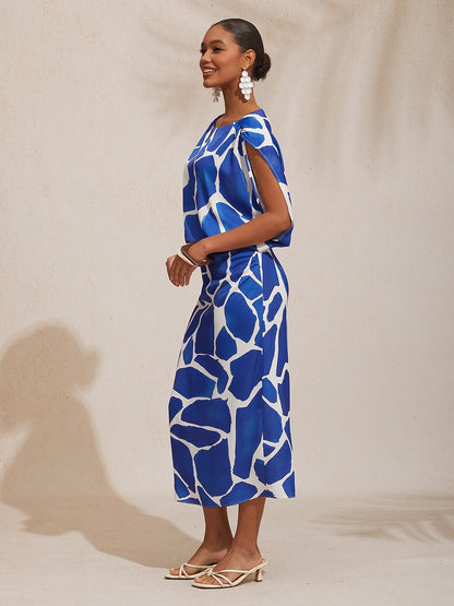 Vacation Geometric Color Block Print Fitted Satin Maxi Dress