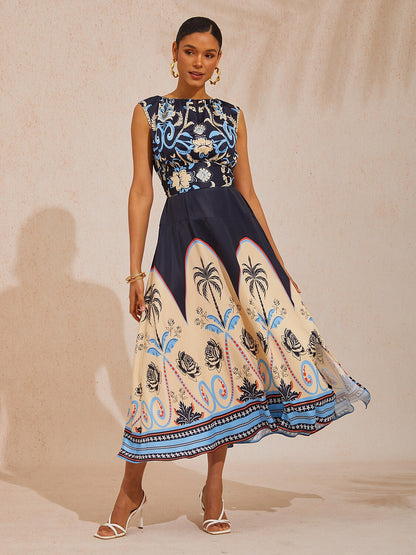 Vacation Color Block Geometric Floral Waist Cinching Satin Maxi Dress