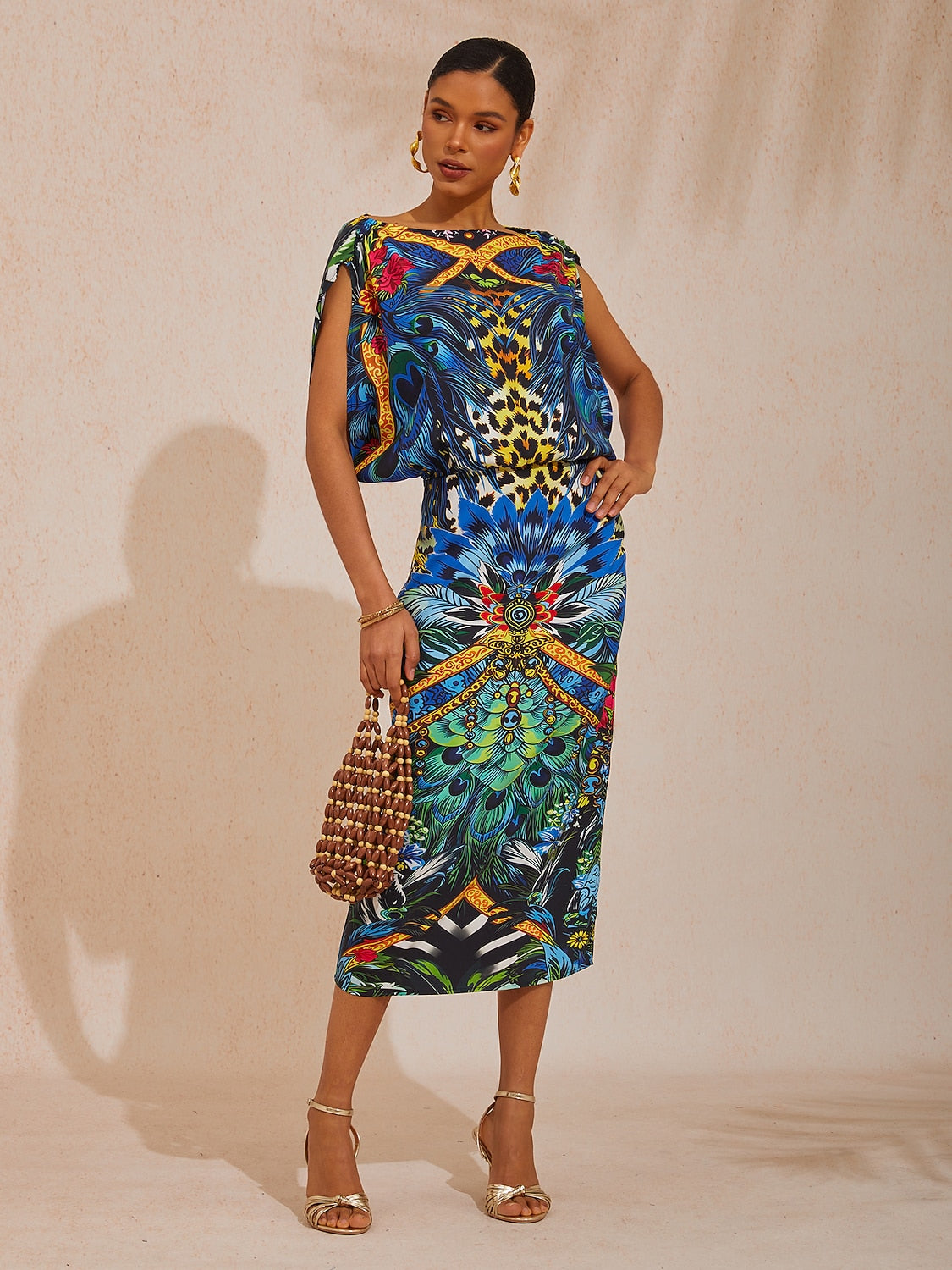Vacation Jungle Print Fitted Waist Satin Maxi Dress