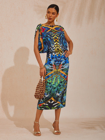 Vacation Jungle Print Fitted Waist Satin Maxi Dress