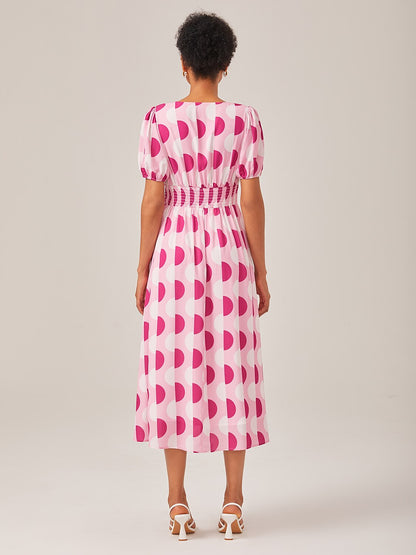 Pink Polka Dot Geometric Print Cinched Waist Dress