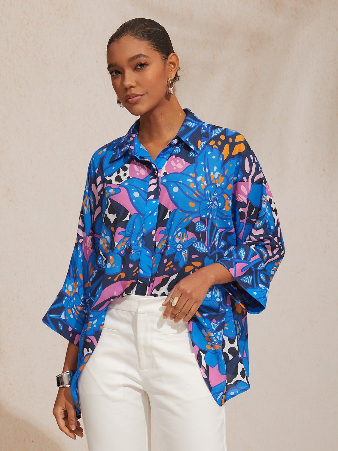 Vacation Color Dot Floral Dolman Sleeve Satin Shirt
