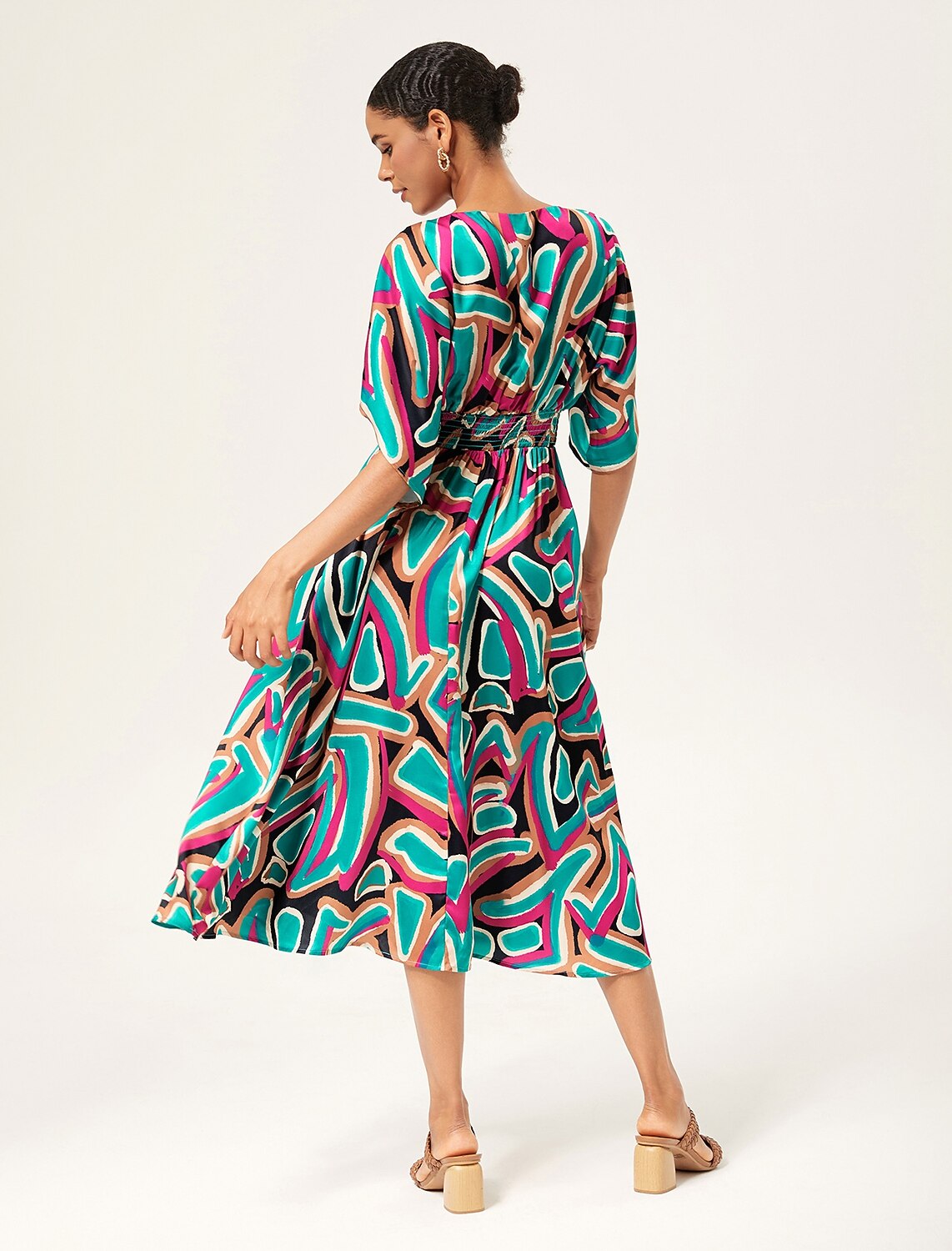Colorful Abstract Batwing Sleeve Cinched Satin Dress