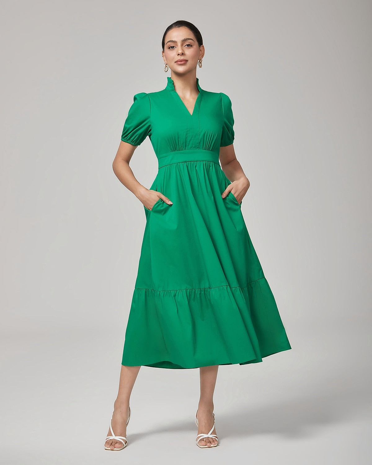 Deep Moss Green Cotton Puff  Dress