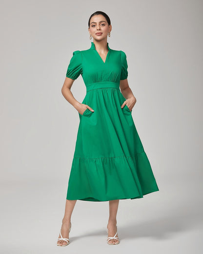 Deep Moss Green Cotton Puff  Dress