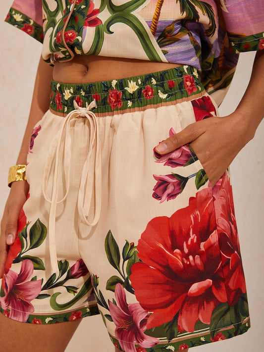 Vacation Placement Floral Elastic Waist Linen like Straight Shorts