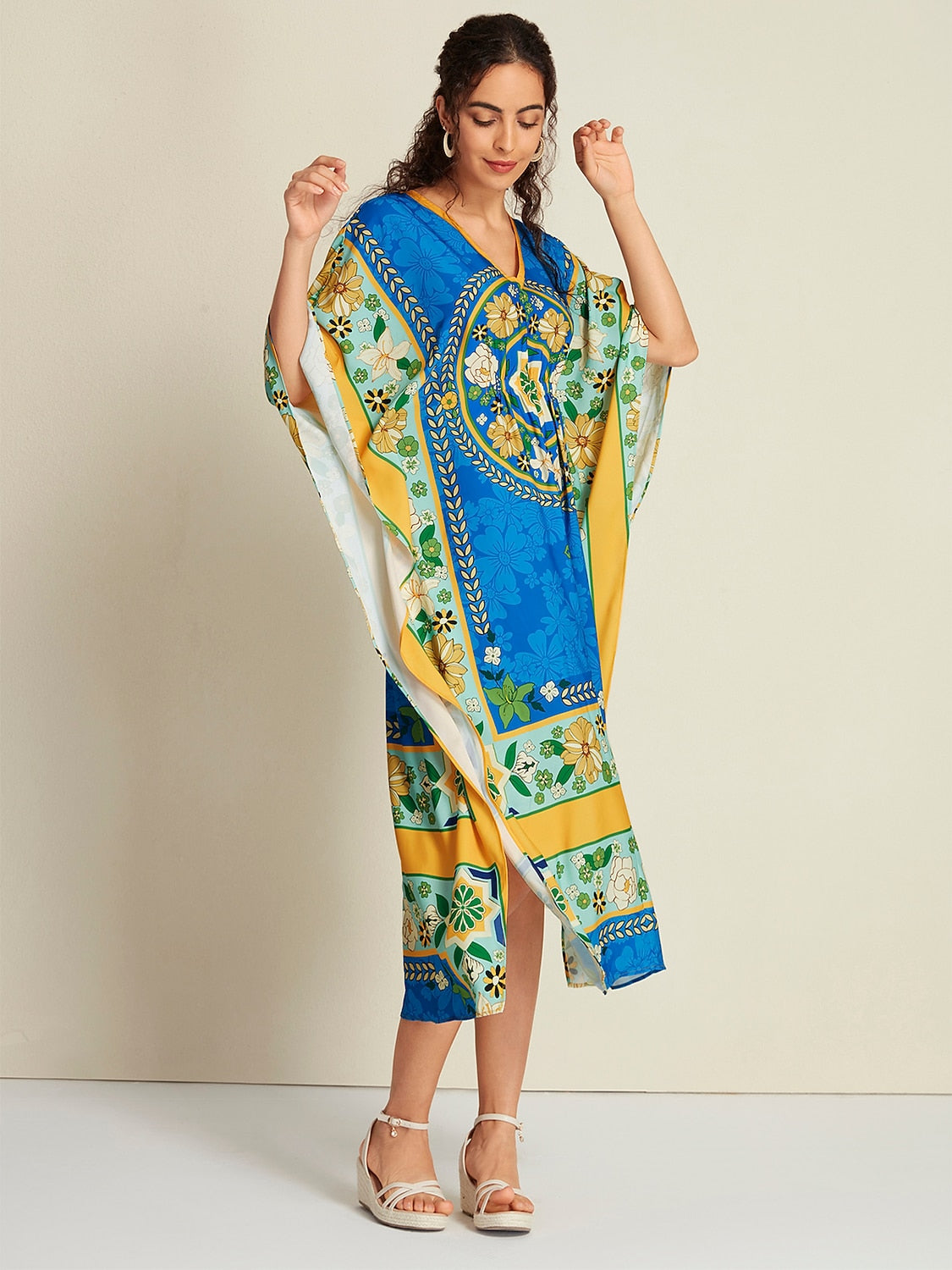 Satin Caftan Bandana Print Raglan Midi Dress
