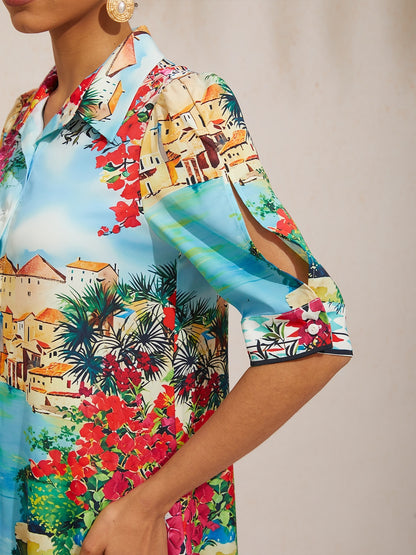 Vacation Scenic Floral Print Straight Satin Shirt Dress