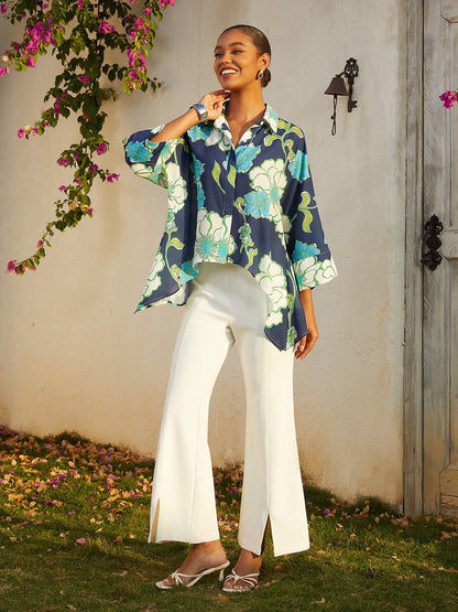 Vacation Green Floral High Low Chiffon Short Shirt