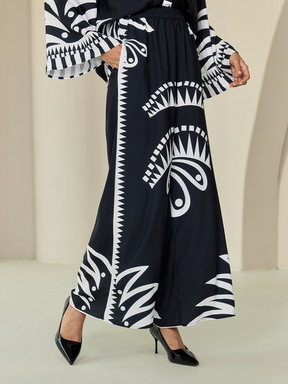 Wide Leg Pants Black Satin Full Length Printing