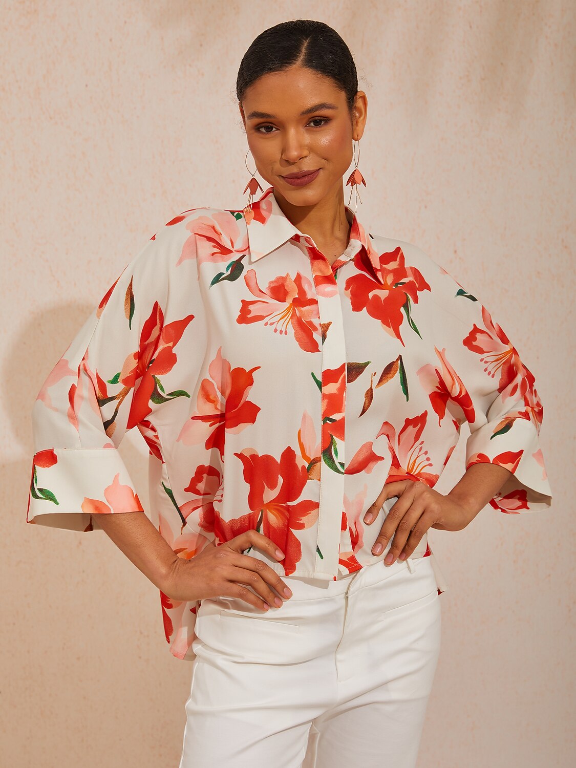 Vacation Pink Floral Dolman Sleeve Chiffon Shirt