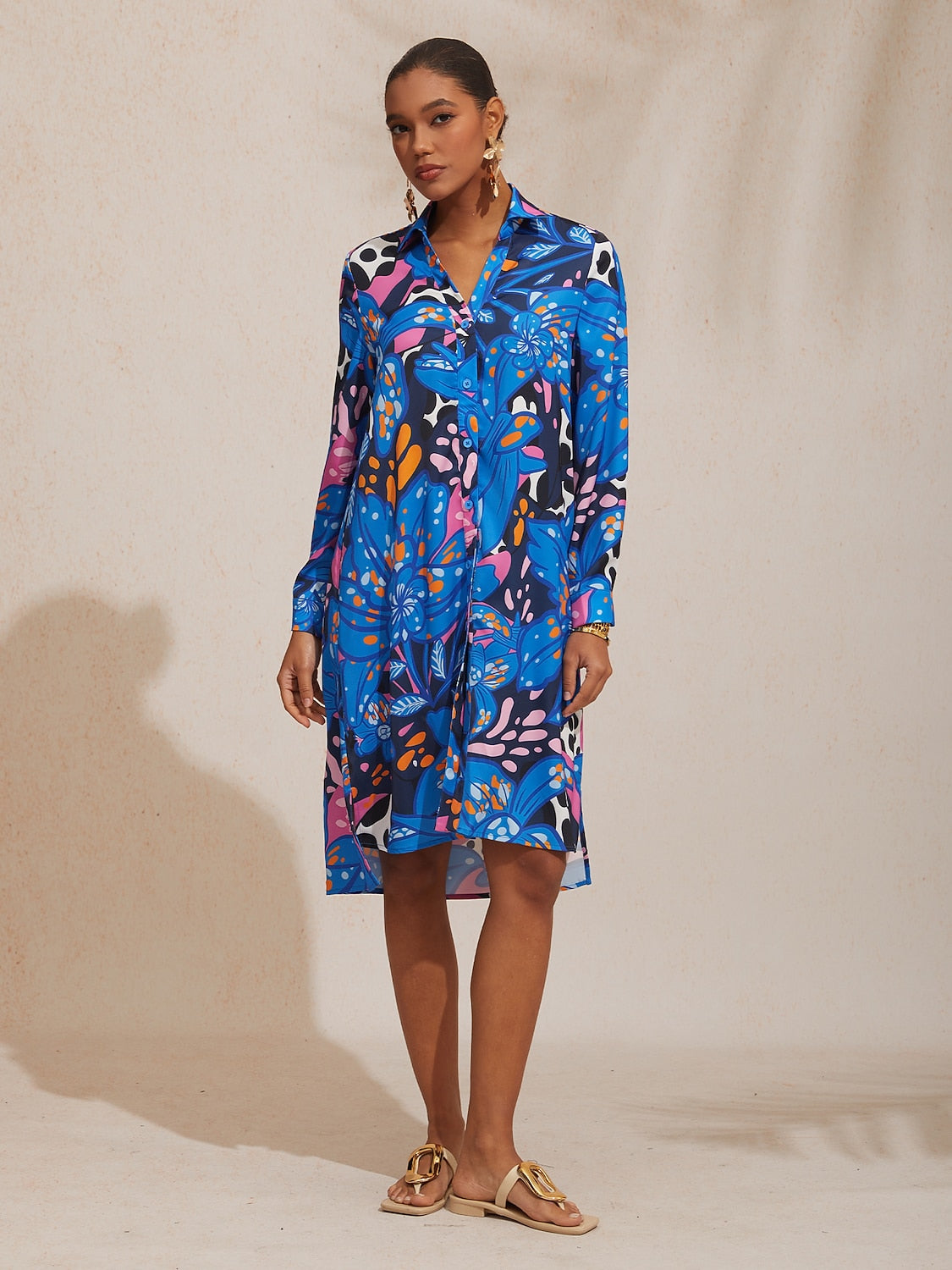 Vacation Abstract Color Dot Floral Straight Satin Shirt Dress