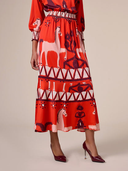 Chiffon Orange Printing Elegant Bohemia Midi Skirt